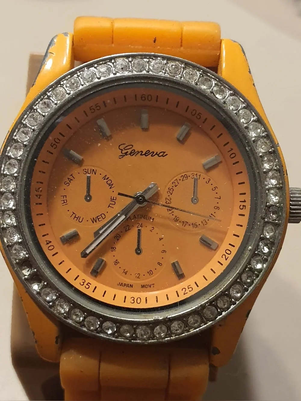 10/$20 Geneva Platinum #7827 Silver/Orange Rhinestone Silicone Women's Watch